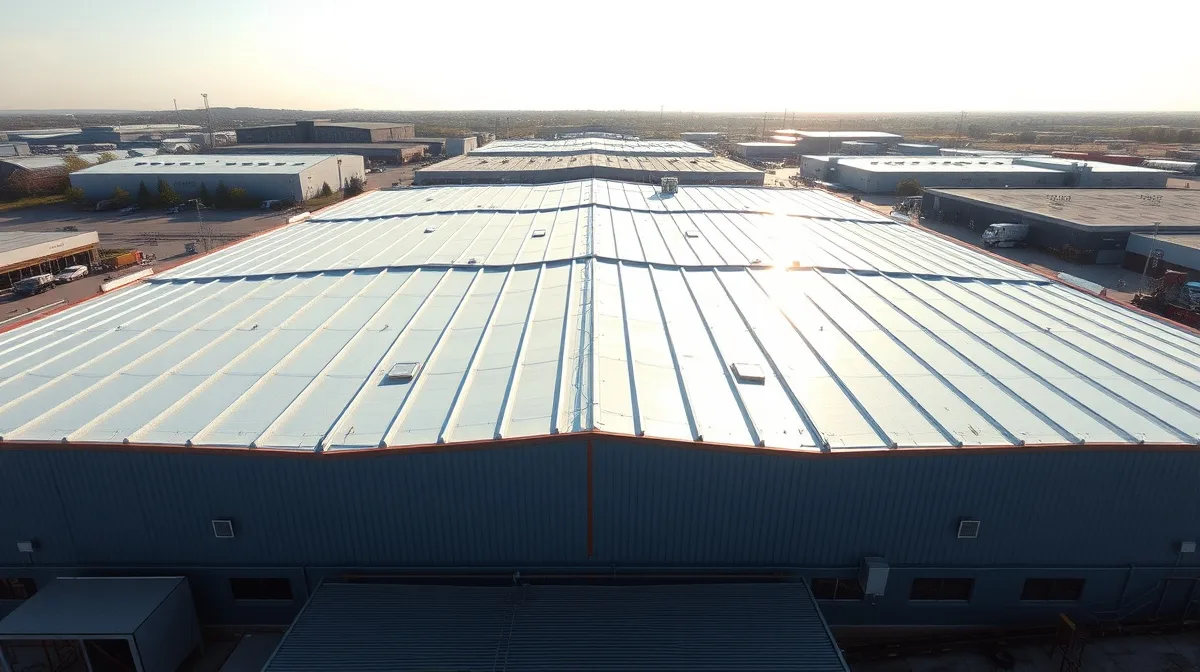 Aerial view of a large industrial metal roof freshly coated in reflective white coating